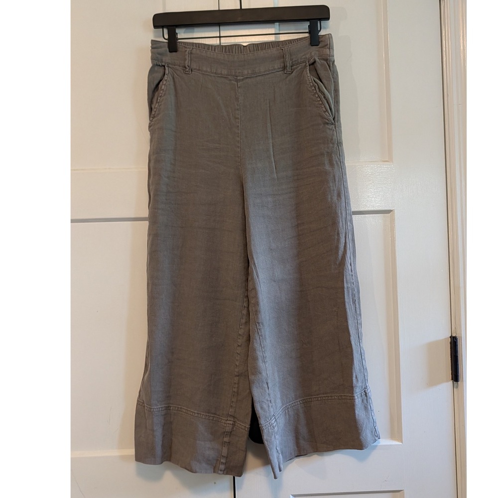 Splendid Med Linen Blend Wide Leg Pants Gray Taupe Elastic Waist Coastal Cropped